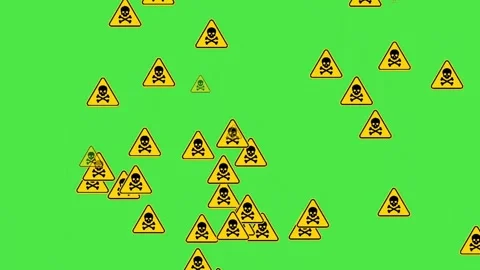 Toxic Substance Hazard Warning Sign on Green Screen - Yellow Triangle with Skull Vídeos de archivo 335353556