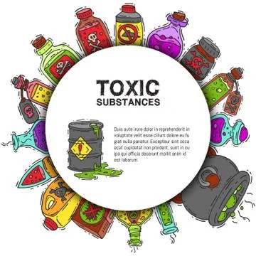 Toxic substances round pattern vector illustration. Different containers for Illustrazione stock