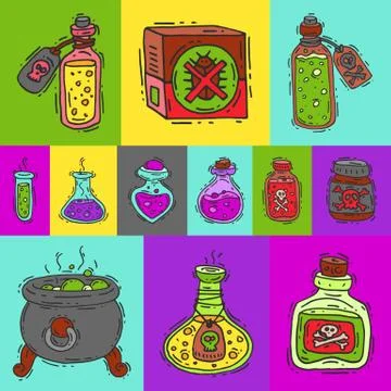 Toxic substances round pattern vector illustration. Different containers for Stock Illustration