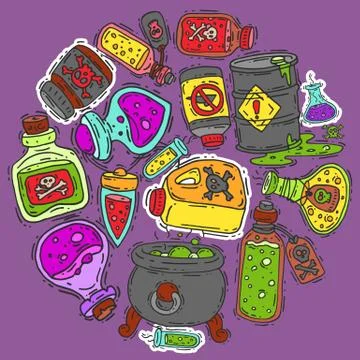 Toxic substances round pattern vector illustration. Different containers for Illustrazione stock