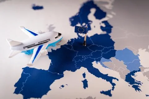 Toy airplane over a map of the on top of a map of the 26 countries that compose Stock Illustration