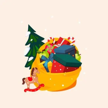 Toy Bag Full of Gifts and Christmas Tree. Vector Illustration Stock Illustration
