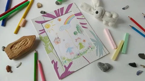 Toy ball rolling through a children's drawing 2 Video stock 108403894