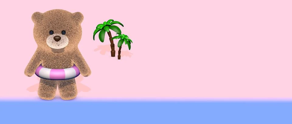 A toy bear with an inflatable ring and goggles stands by the sea on the beach. Stock Illustration