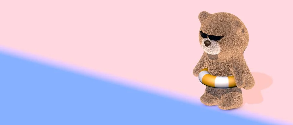 A toy bear with an inflatable ring and goggles stands by the sea on the beach. Stock Illustration