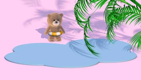 A toy bear with an inflatable ring and stands by the lake on the beach. Stock Illustration