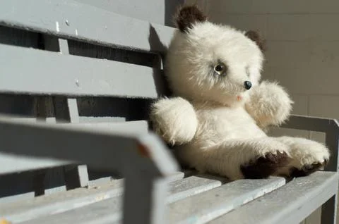 Toy bear sitting on the bench Stockfoto's