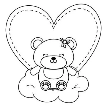 Toy bear sitting on a cloud in black and white Stock Illustration