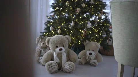 Toy bears sitting under a Christmas tree Stock Footage 234452803