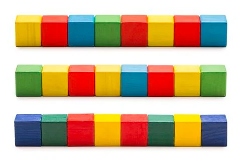 Toy Blocks, Wood Cube Bricks, Row of Multicolor Cubic Boxes, White Isolated Stock Photos