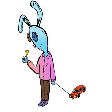 A toy blue hare examines a bolt in his hand. a toy is tied on a string Stock Illustration