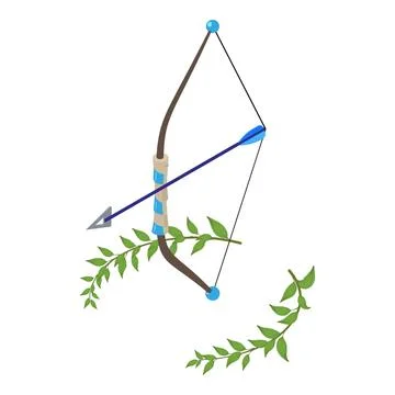Toy bow icon isometric vector. Blue children bow and arrow and green branch icon 스톡 일러스트