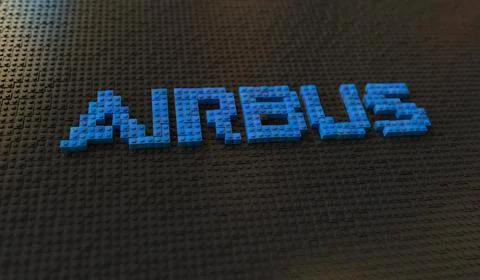 Toy bricks compose logo of AIRBUS. Editorial conceptual 3d rendering Stock Illustration