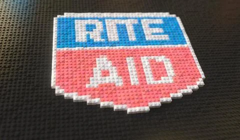 Toy bricks compose logo of RITE AID. Editorial conceptual 3d rendering Stock Illustration