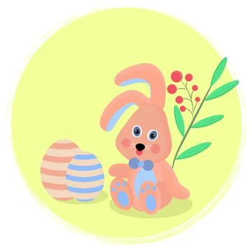 Toy bunny with easter eggs and twig with berries Stock Illustration