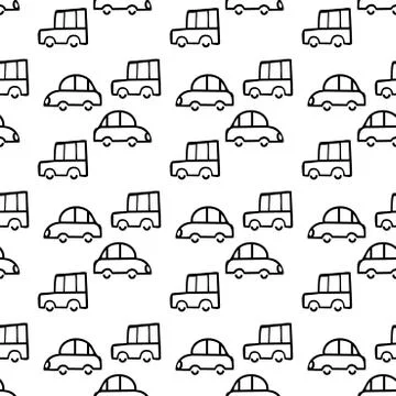 Toy cars . Seamless vector pattern . Hand drawn illustration. Stock Illustration