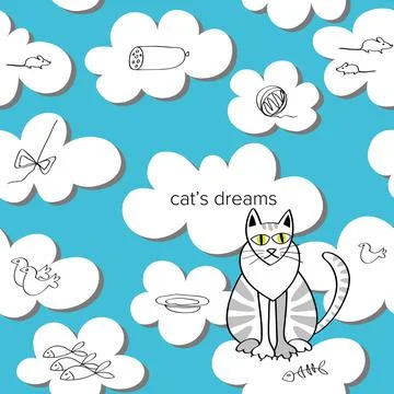 Toy cat cartoon on seamless pattern background. Stock Illustration
