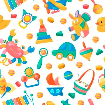 Toy collection for babies seamless pattern vector illustration. Cute objects for Stock Illustration