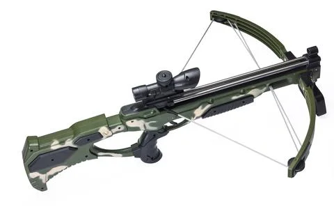 Toy compound crossbow with camouflage pattern and scope isolated on white Stock Photos