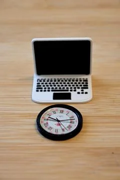 Toy computer with clock digital time concept with copy space Fotos Stock