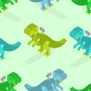 Toy dinosaur seamless pattern. Clockwork Tyrannosaurus Rex isometrics. Prehis Illustrazione stock