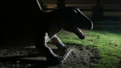 Toy dragon opens his sharp jaws and moves its head on a green lawn at night Stock Footage 93484942