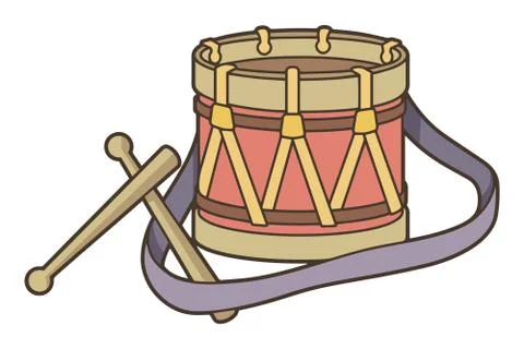 Toy drum icon with strap and drumsticks in vintage color palette. Stock Illustration