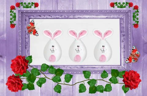 Toy Easter bunnies in a frame, flowers and butterflies on a purple background Fotos de archivo