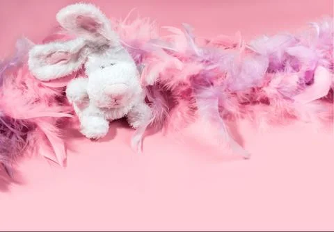 Toy Easter bunny rabbit with soft and gentle pink and violet feathers boa on Stock Photos