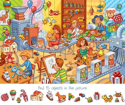 Toy factory. Find 15 objects in the picture Stock Illustration