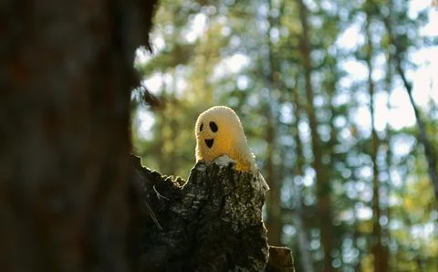 A toy ghost peeks out from behind the bark of a tree on the side and sunlit Stock-Fotos