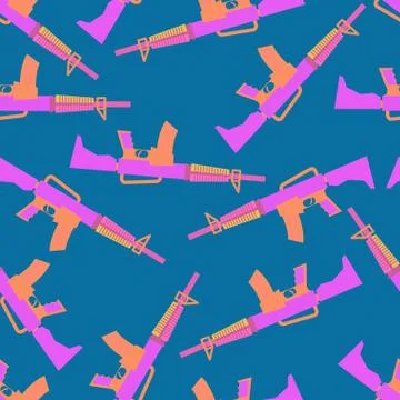 Toy guns seamless pattern. Pink slots on blue background. Cheerful childrens  Stock Illustration