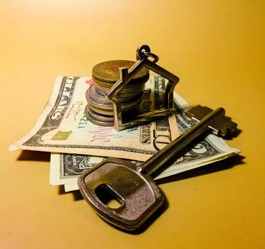A toy house next to a stack of coins and American dollars and a key Stock Photos