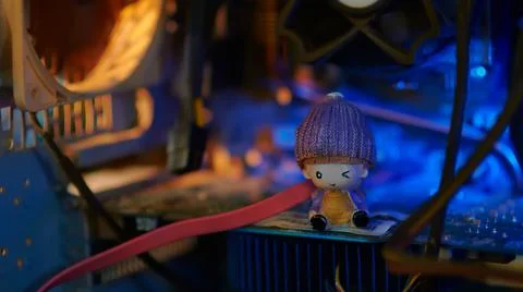 A toy inside an old personal computer. Blue highlight and background blur. Stock-Fotos