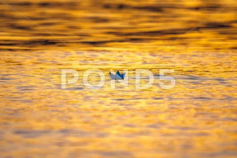 The toy paper boat on the surface water by the bright sunlight backround Stock Photos