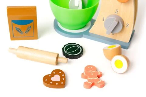 Toy plastic set with kitchen set for baking cookies on white background Stock Photos