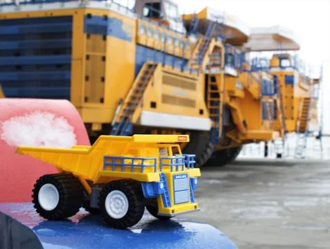 Toy replica of a powerful mining dump truck BelAZ, Belarus, December 15, 2018 Stock Photos