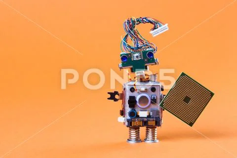 Toy robot with electronic chip board. vintage design mechanism funny head Stock Photos