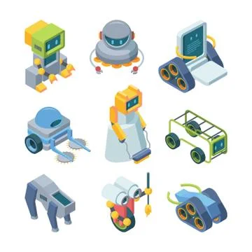 Toy robots helpers isometric set.. Miniature paintwork on wheels futuristic Stock Illustration