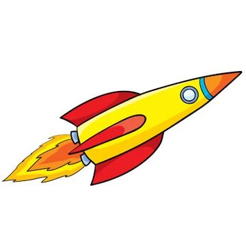 Toy rocket flies into space red, cartoon illustration, postcard, isolated obj Stock Illustration