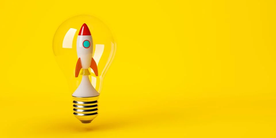 Toy rocket inside light bulb on yellow background, startup or innovation co.. Stock Illustration