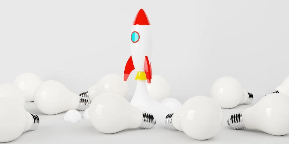 Toy rocket starting from group of light bulbs on white background, startup .. Stock Illustration