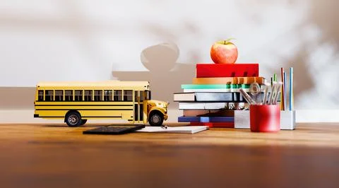 Toy school bus with stack of books and red apple Stock Illustration