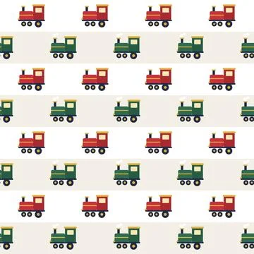 Toy steam train seamless pattern with red and green locomotives on white plus Illustrazione stock