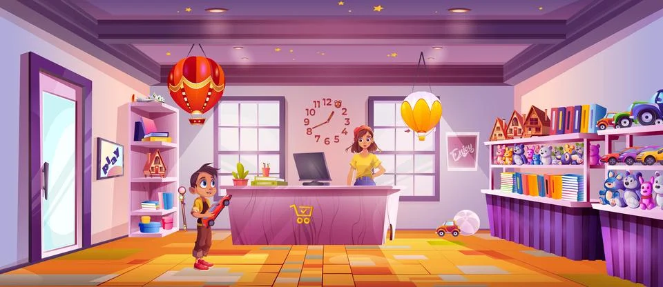 Toy store game interior vector cartoon background Stock Illustration