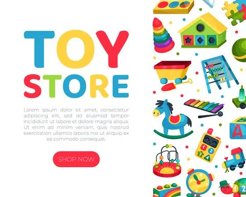 Toy Store Web Banner Design with Colorful Plaything Vector Template Stock Illustration