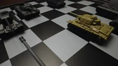 Toy tanks with chess on chessboard. Concept of military strategy., Stock  image