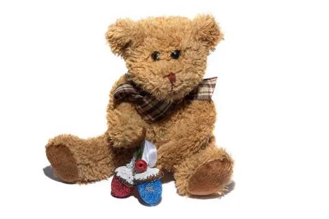 Toy teddy bear with acorns isolated on white background Stock Photos