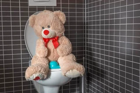 Toy teddy bear sitting on WC toilet bowl in bathroom, kids potty toilet tra.. Stock Photos