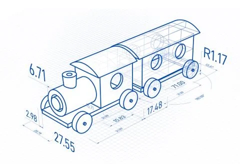 Toy train with drawing design elements. Blueprint design. Vector 3d illustration Illustrazione stock